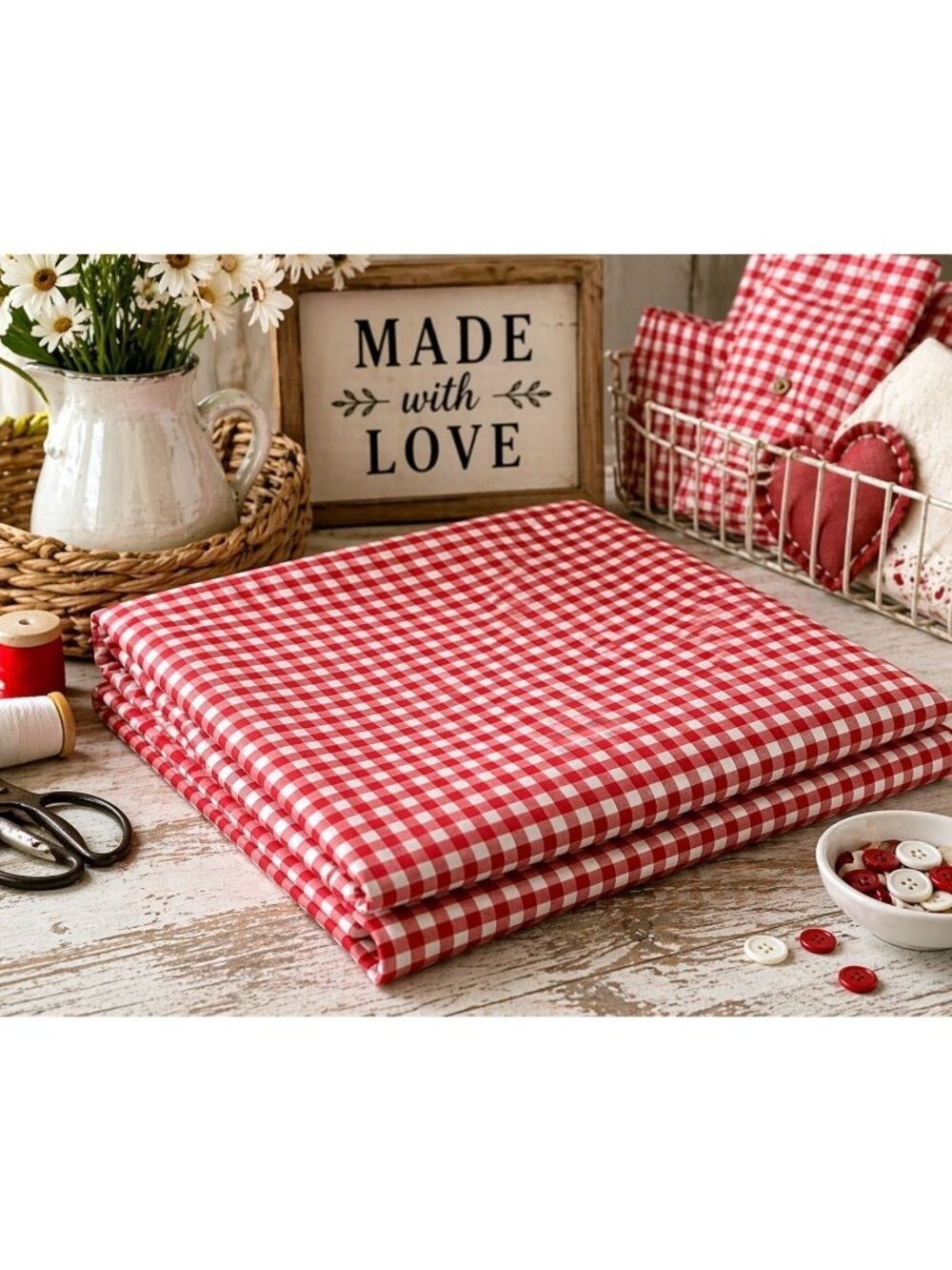 Red White Gingham Fabric 2 Yard Cotton Checkered Fabric Vintage Sewing Quilting - Picture 7 of 7